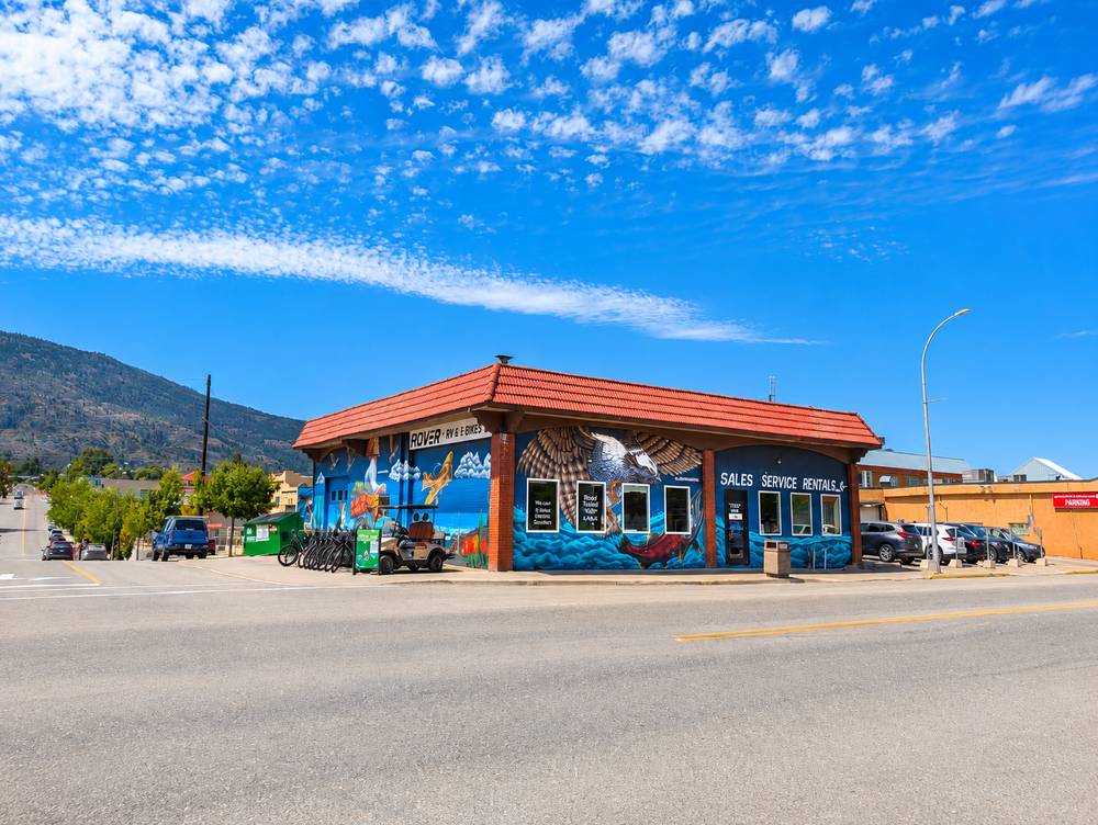 Rover RV and e-bike rental shop with painted mural, downtown Osoyoos