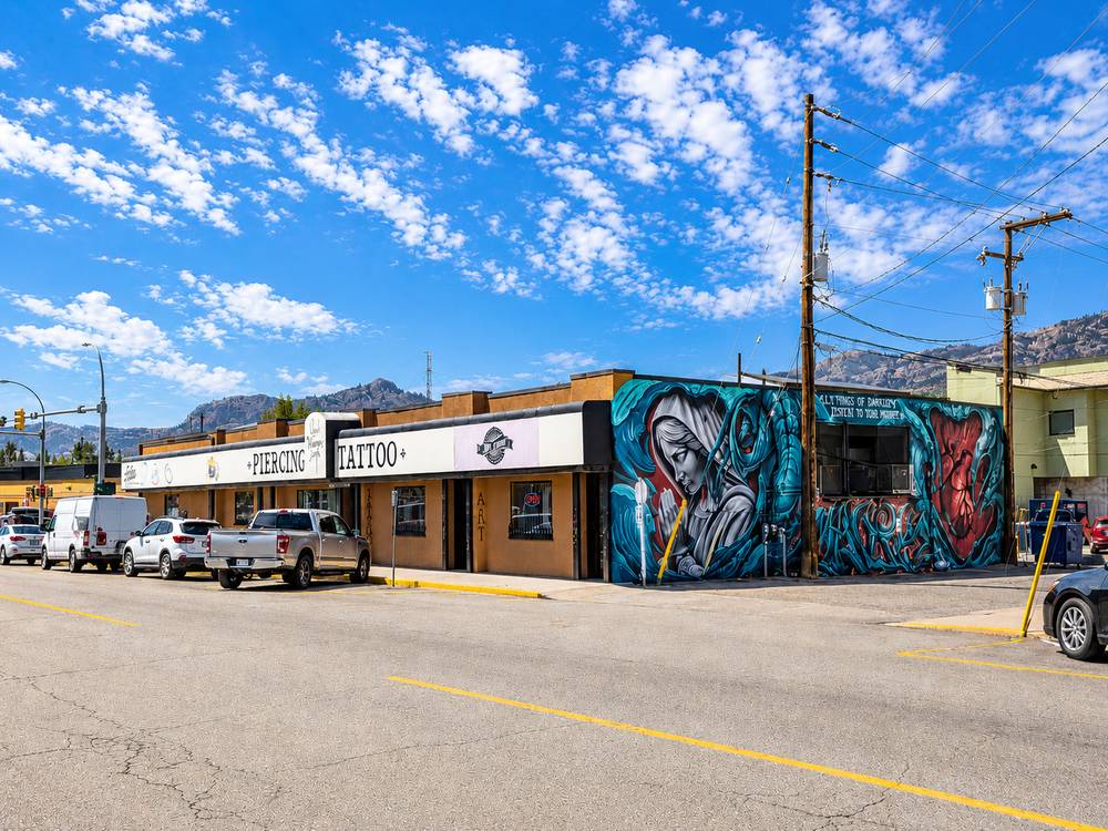 Downtown Osoyoos storefronts with large street mural
