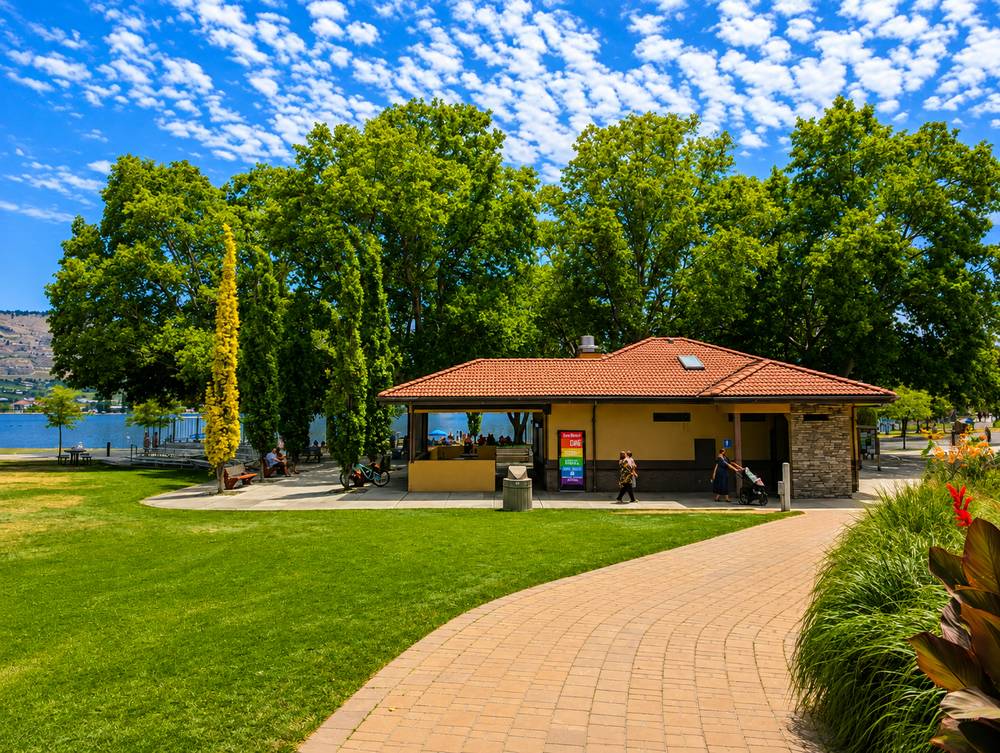 Gyro Park lakefront concession pavilion with tiled roof, Osoyoos