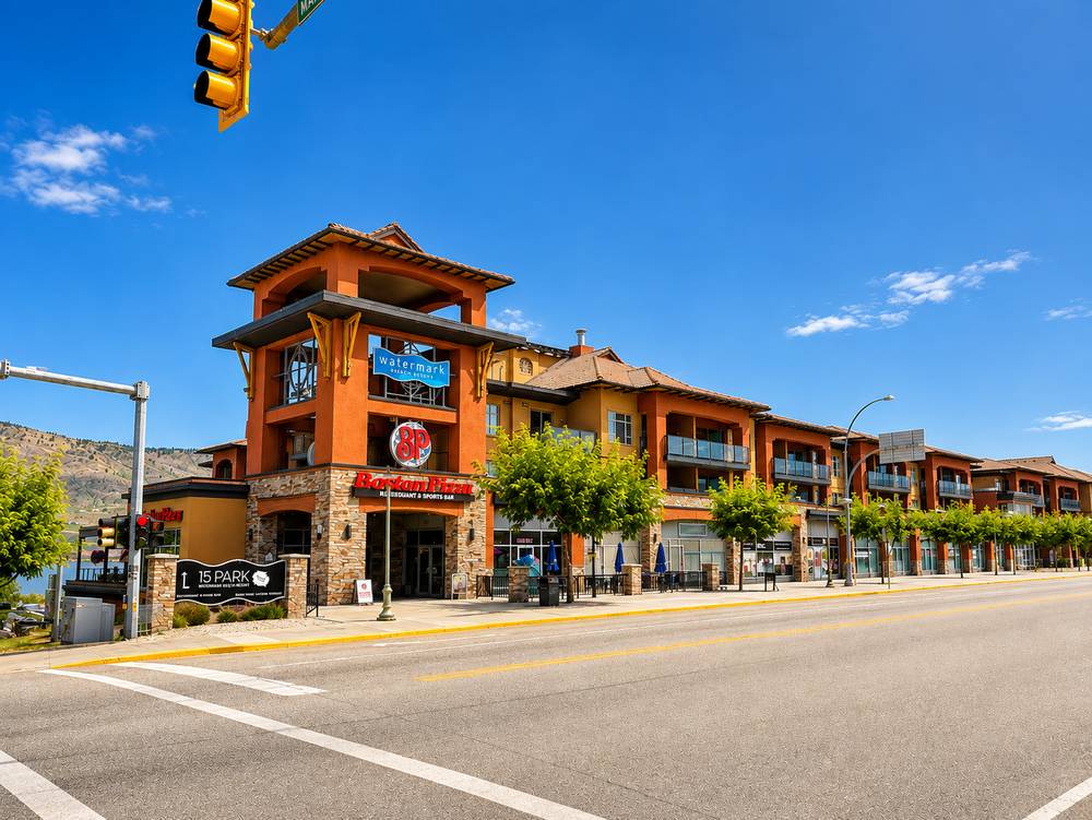 Watermark Beach Resort corner tower and street-level shops, Osoyoos