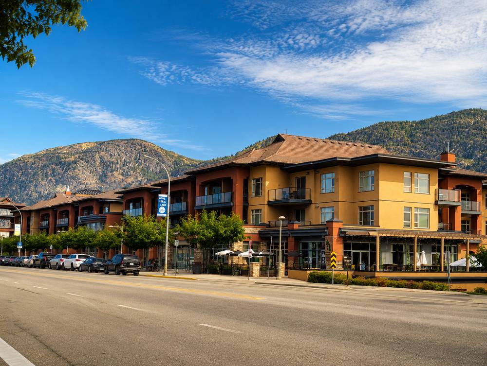 Watermark Beach Resort on Main Street with mountain backdrop, Osoyoos
